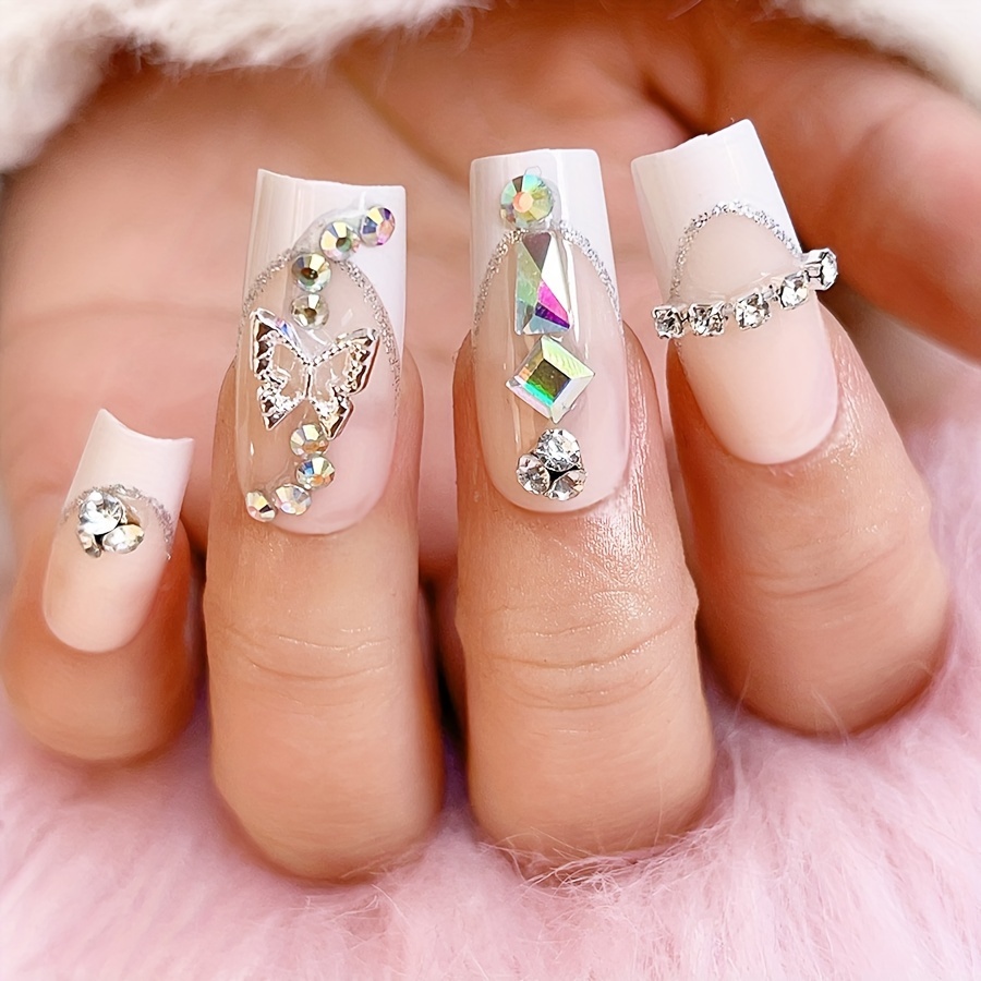 24 Pcs Long Press on Nails White French Tips Fake Nails Butterfly  Rhinestone Full Cover Nails