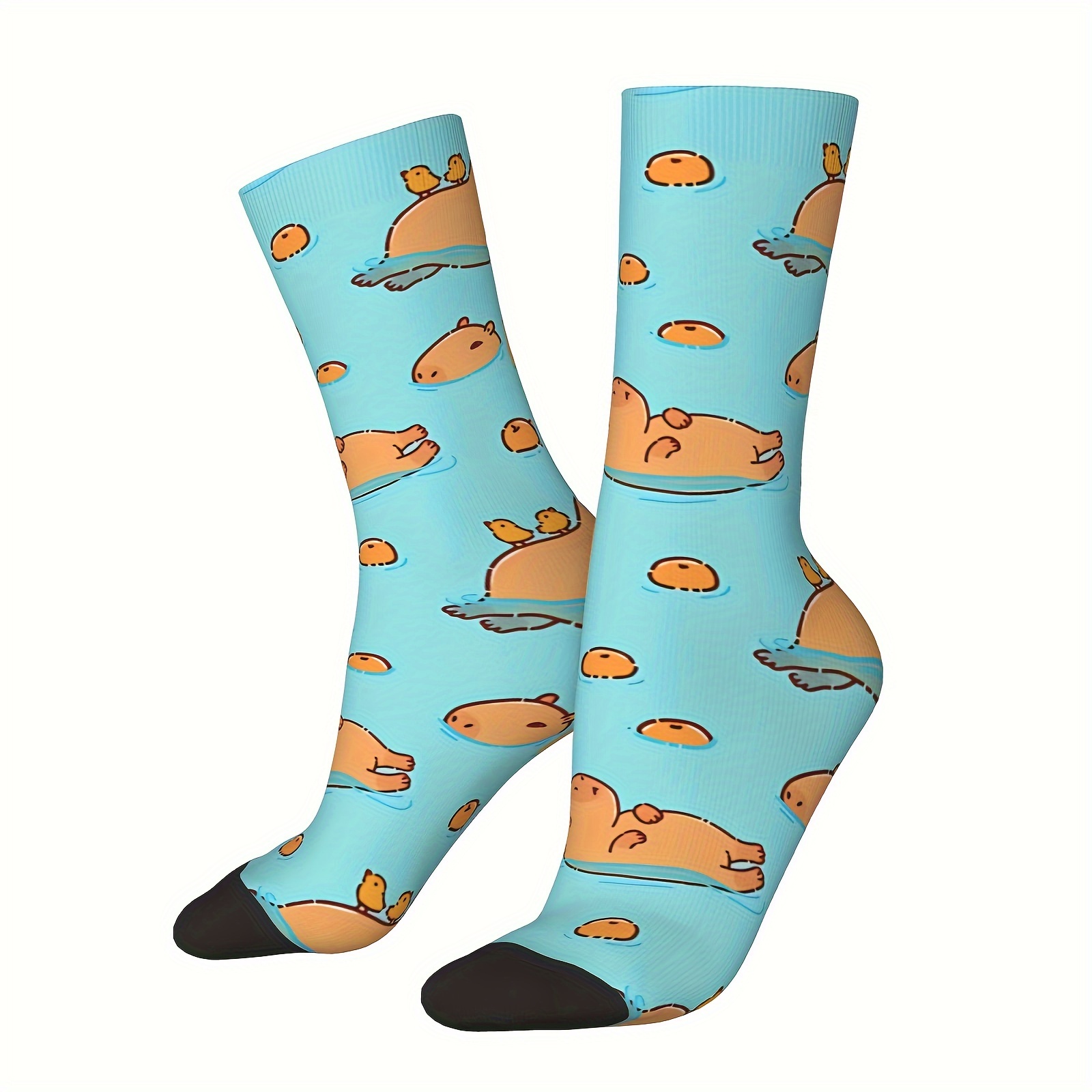 

1 Pair Of Men's Trendy Cartoon Capybara Pattern Crew Socks, Breathable Comfy Casual Unisex Socks For Men's Outdoor Wearing All Seasons Wearing