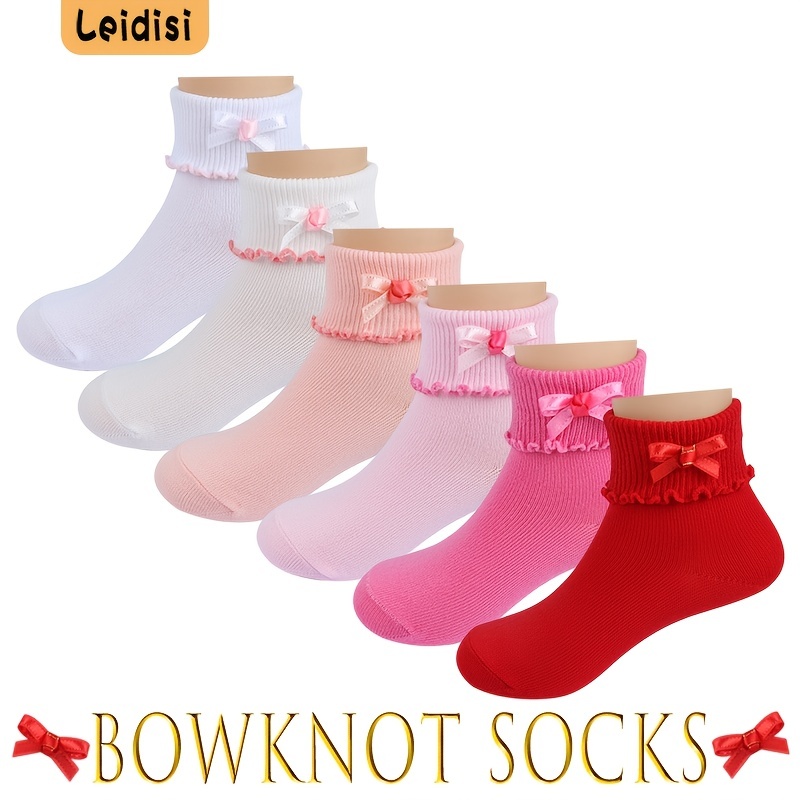 3 Pairs Girls Bowknot Lace Crew Socks