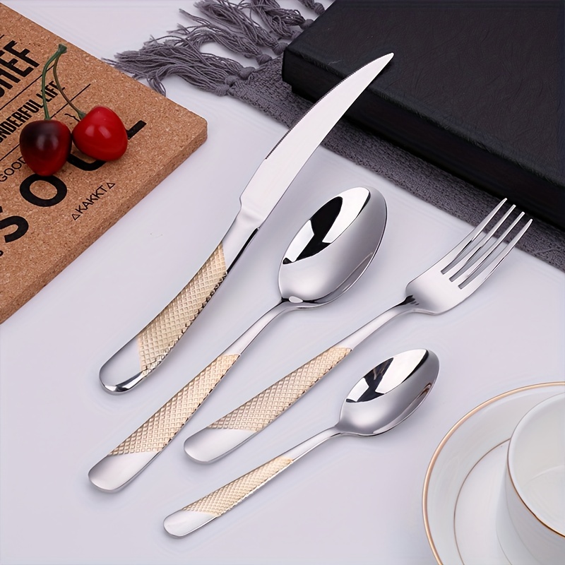 6Pcs/Set Stainless Steel Steak Knife With Long Handle Titanium Plating Gold  Dinner Knives Luxurious Western Flatwares