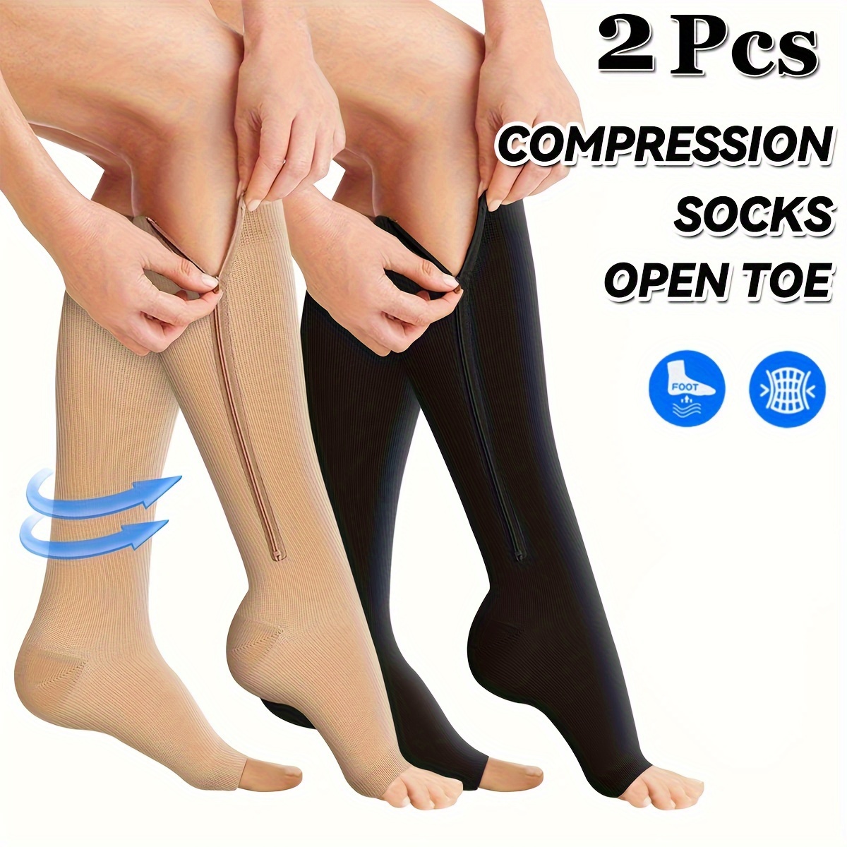 Zipper Compression Socks, 2 Pairs Open Toe Compression Stockings for Men  Women 