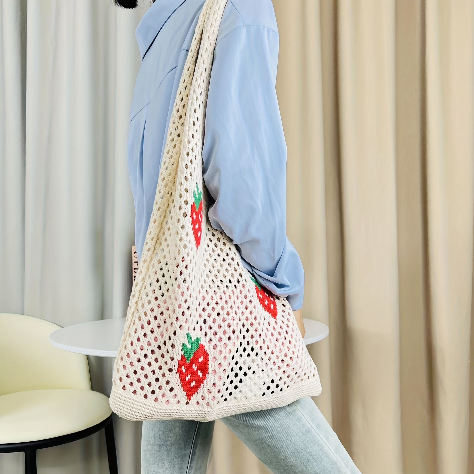 Floral Pattern Knitted Shoulder Bag, Large Capacity Crossbody Bag, Women's  Crochet Hobo Bag - Temu