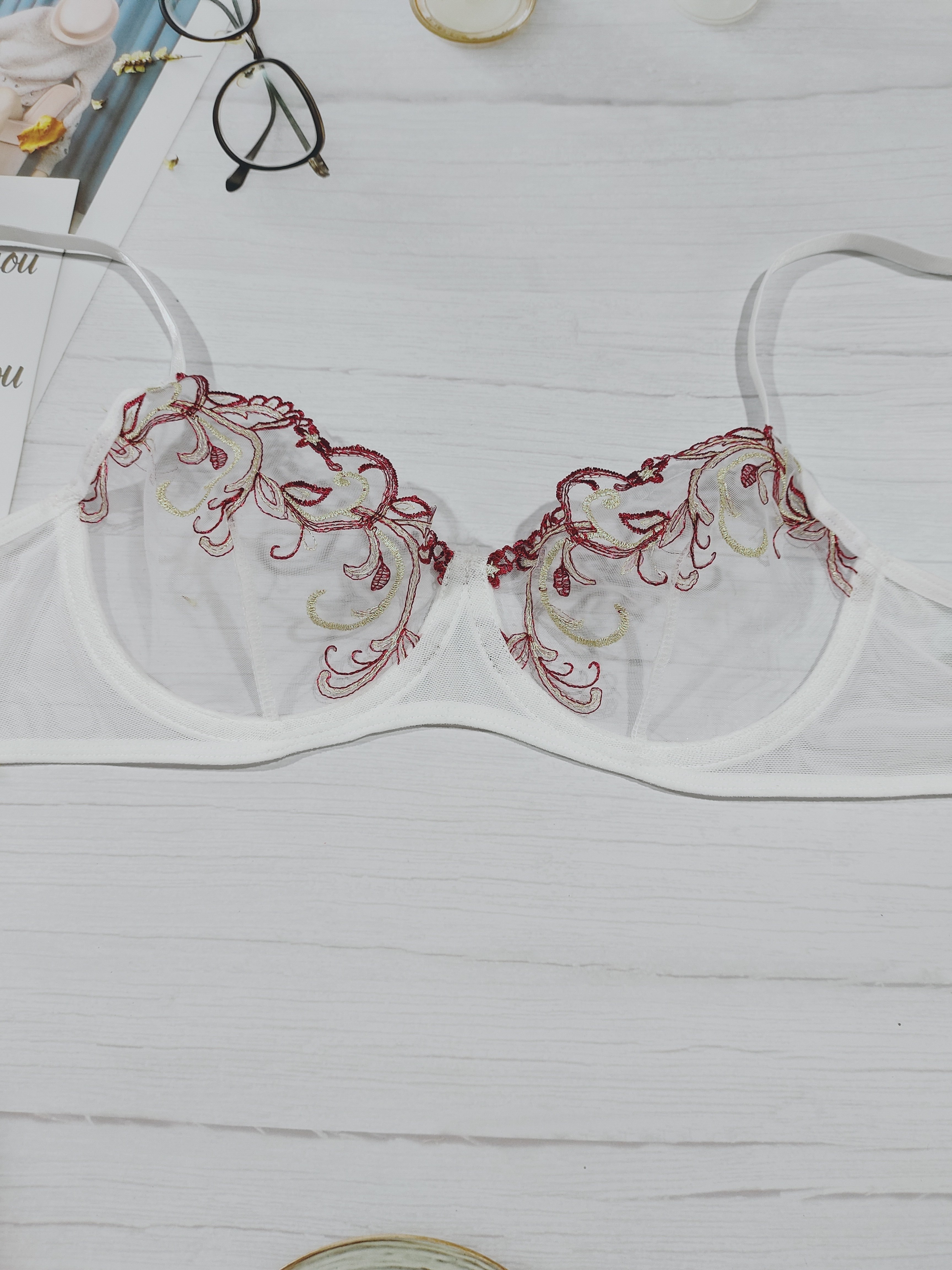 Romantic Floral Embroidery Lingerie Set - Sheer Bra And Mesh Thong