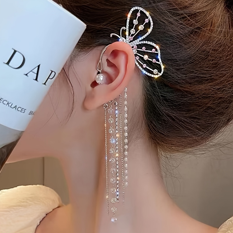 

Exquisite Tassel Butterfly Ear Wrap, Shiny Rhinestone Inlaid Alloy Ear Jewelry, Elegant Sexy Style Ear Accessories For Women