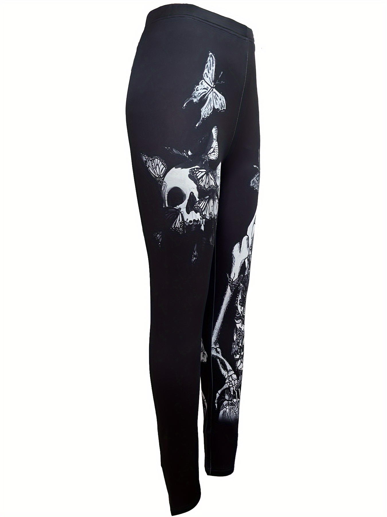 Skull & Butterfly Print Skinny Leggings, Casual Elastic Waist Stretchy  Leggings, Women's Clothing