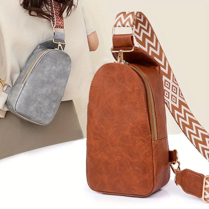New Men's Fashion Geometric Pattern Front Zipper Bag Pu Single Crossbody Chest  Bag