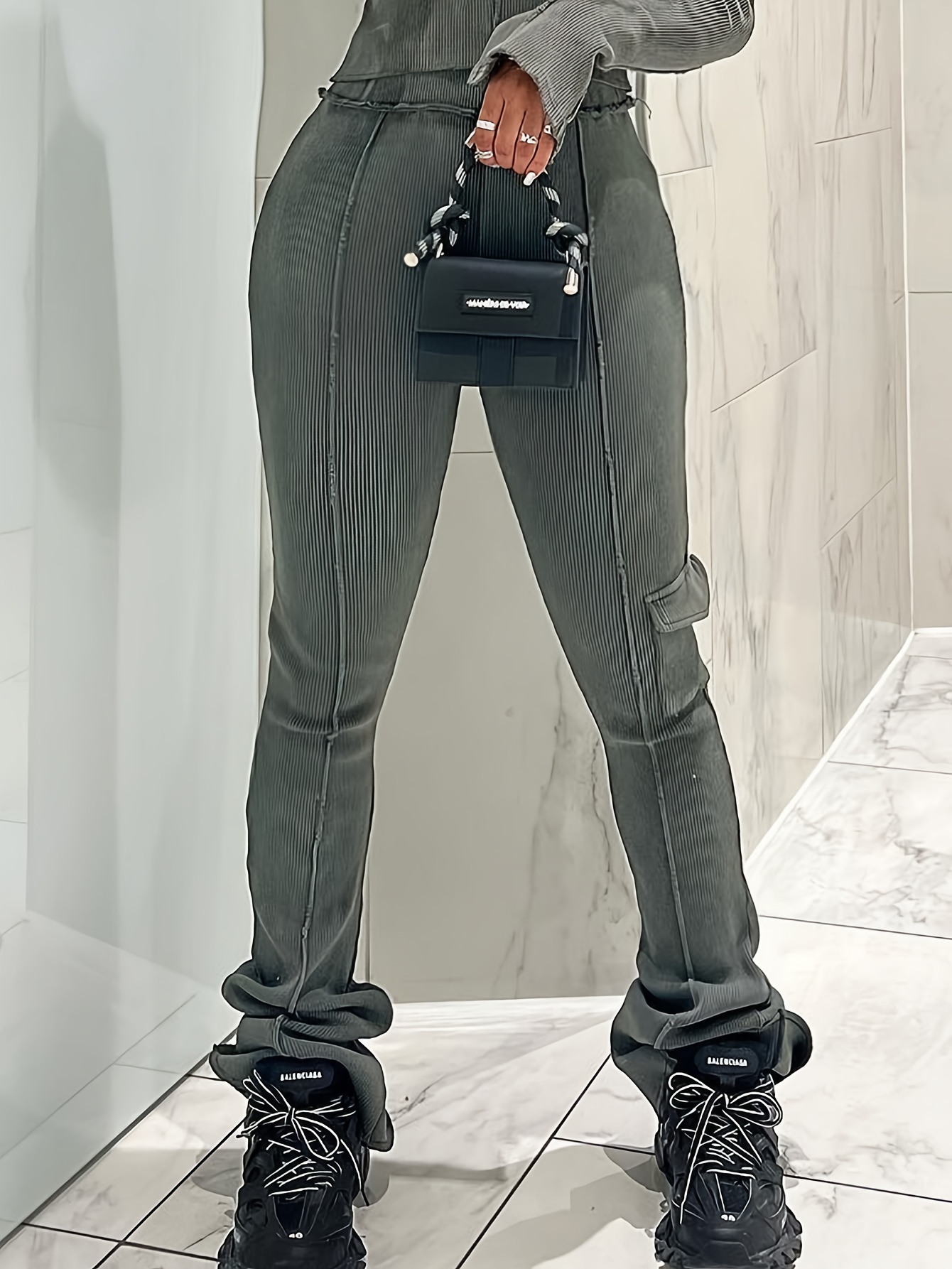  Pantalones para mujer Pantalones cargo con parches y bolsillo  en la cintura (color : gris, talla: XS) : Ropa, Zapatos y Joyería