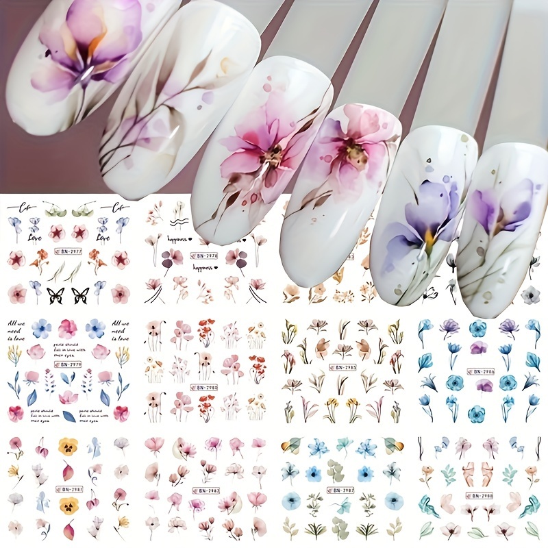 

12pcs Spring Flower Design Nail Water Transfer Stickers, Self Adhesive Spring Flower Design Nail Art Decals For Nail Art Decoration, Nail Art Supplies For Women And Girls