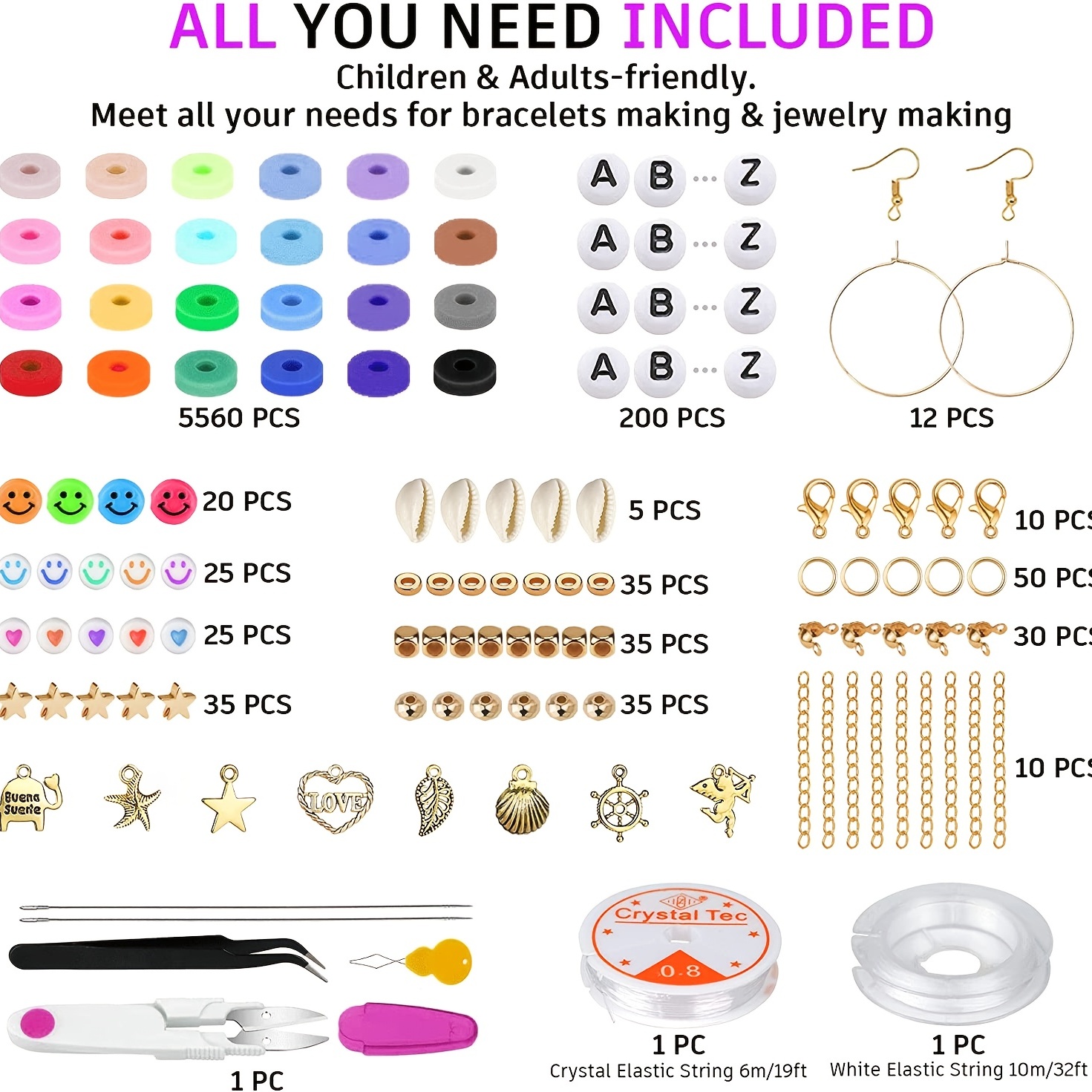6000 Pcs Clay Beads for Bracelet Making, 24 Colors with Charms Kit