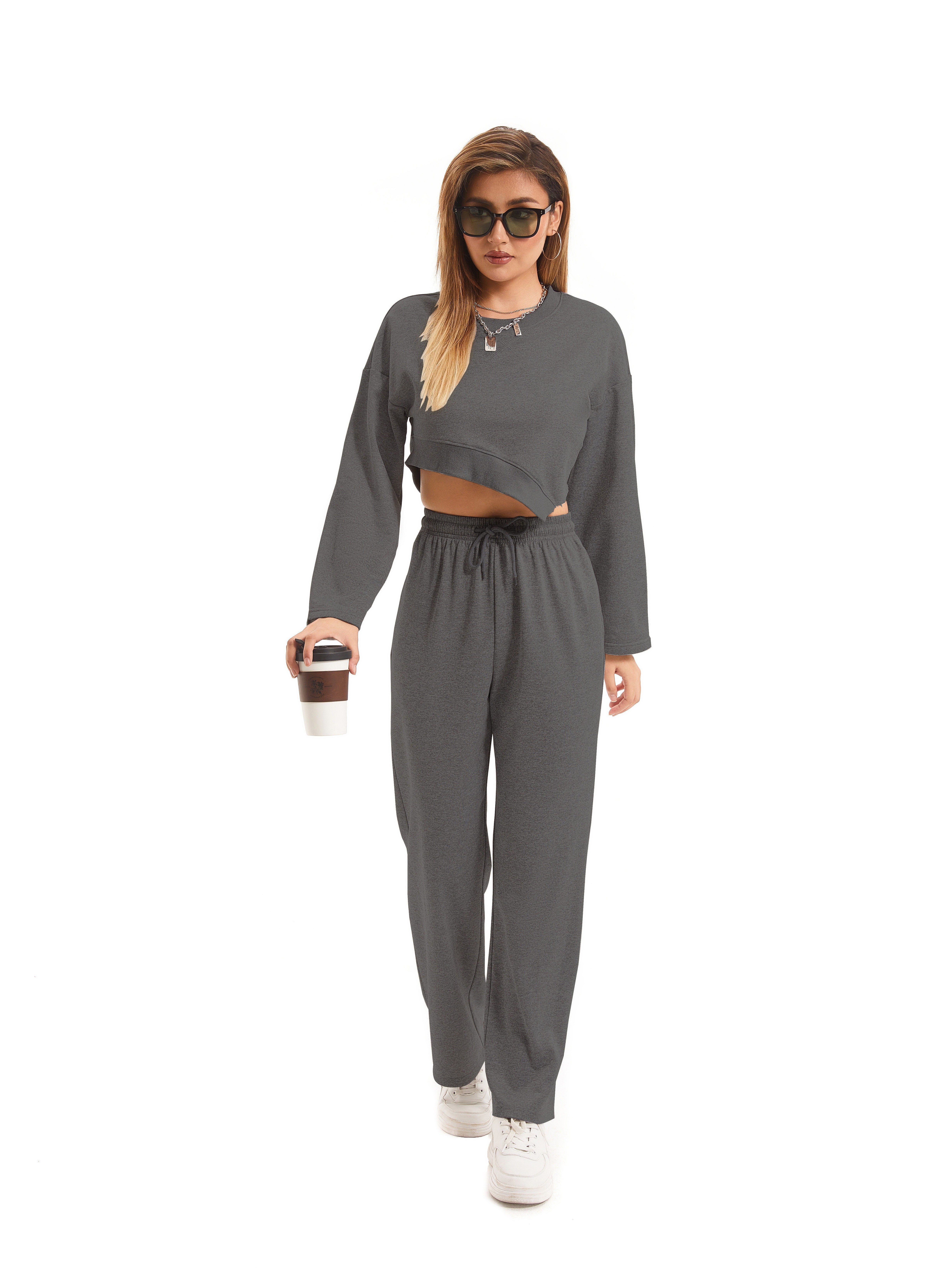 Casual Solid Two piece Set Asymmetrical Hem Long Sleeve - Temu