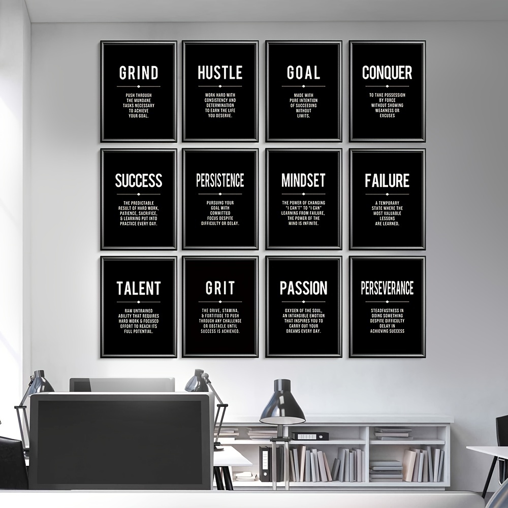 12pcs Set Modern Black Canvas Wall Art With Motivational Quotes