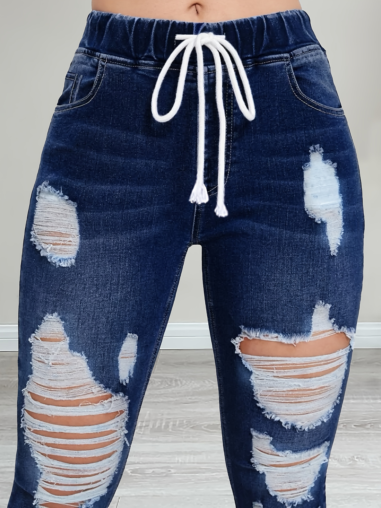 D string Waistband Ripped Skinny Jeans High Stretch - Temu Canada