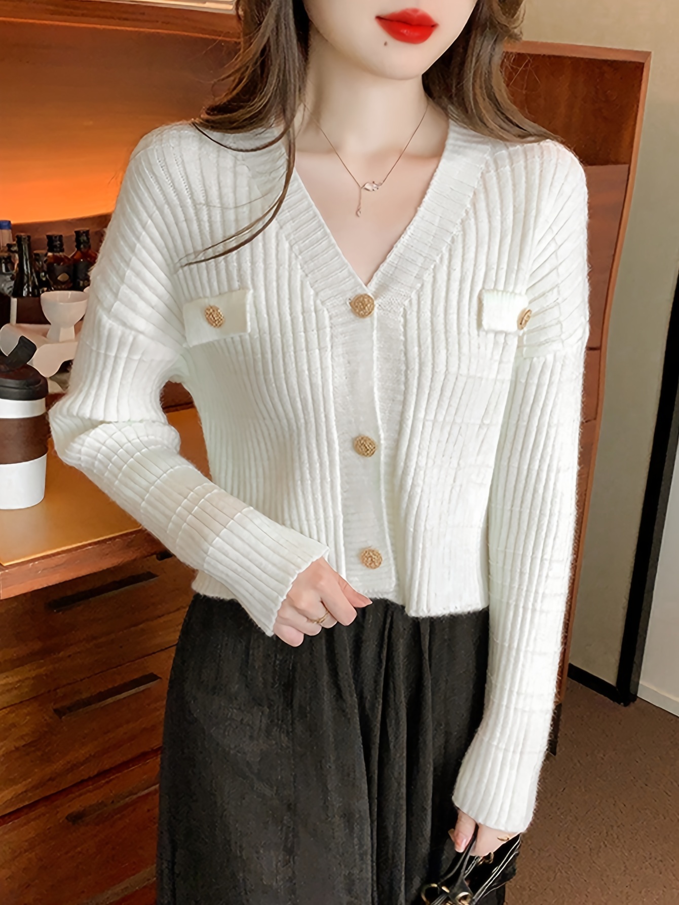 Solid Button Knit Cardigan Casual Crew Neck Long Sleeve - Temu