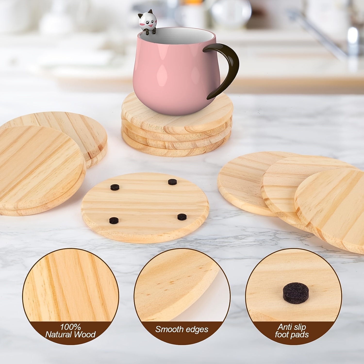 PEACNNG 14pcs Unfinished Wood Coasters, 4 Inch Round Blank Wooden Coasters  for Crafts with Non-Slip Silicon Dots for Painting Wood for Home Decoration  