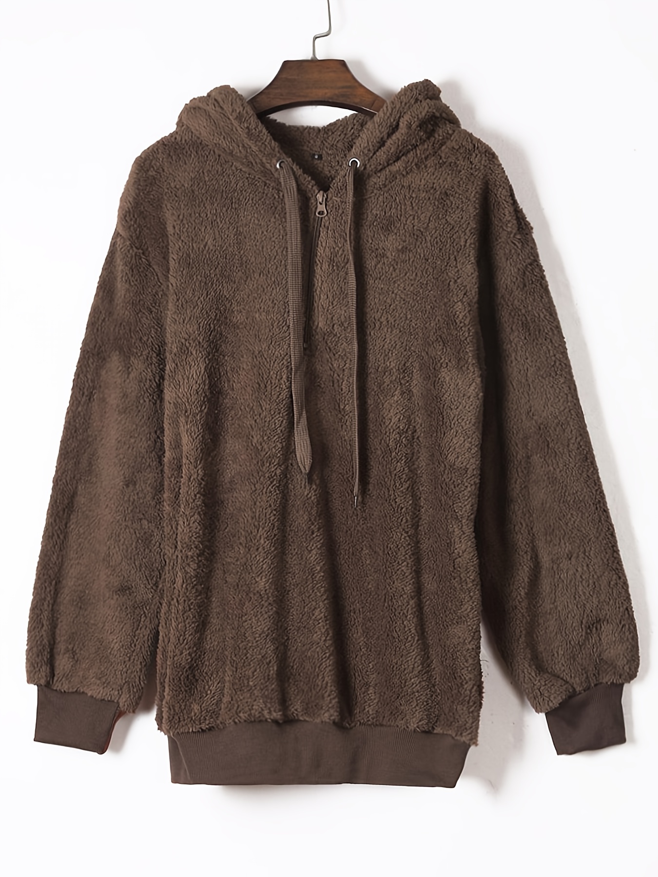 Zip Front Teddy Pullover, Brown, XXS, Long Sleeve