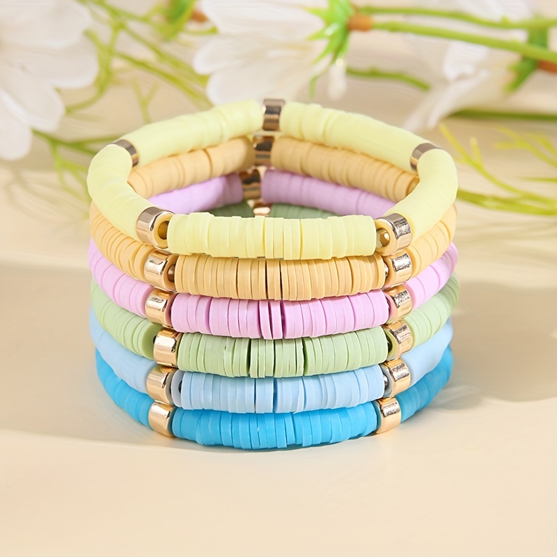9pcs Color Block Polymer Clay Beads Bracelets,one-size