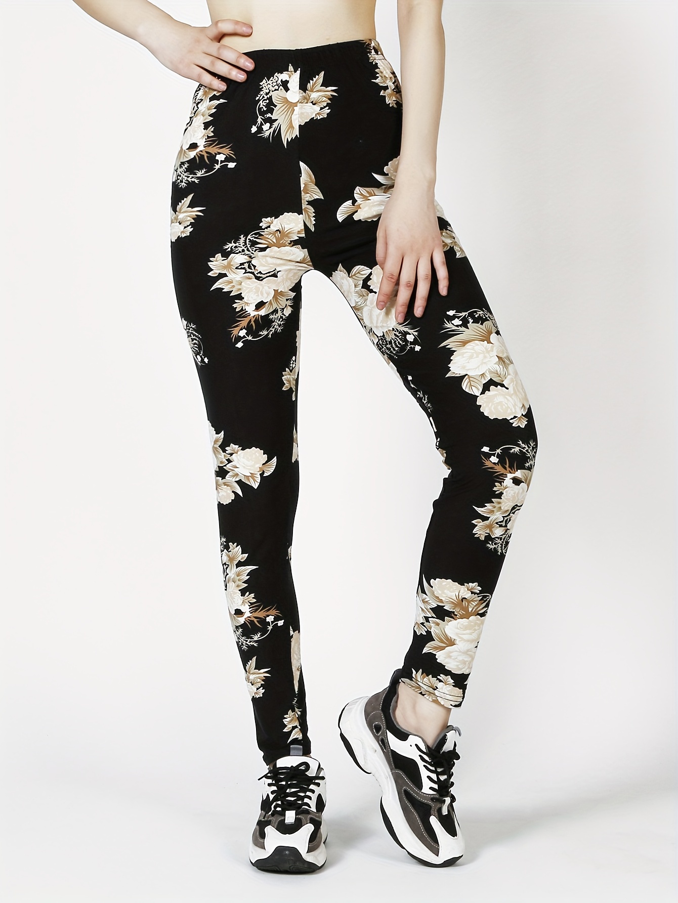 floral print skinny leggings casual elastic waist stretchy leggings womens clothing black 3