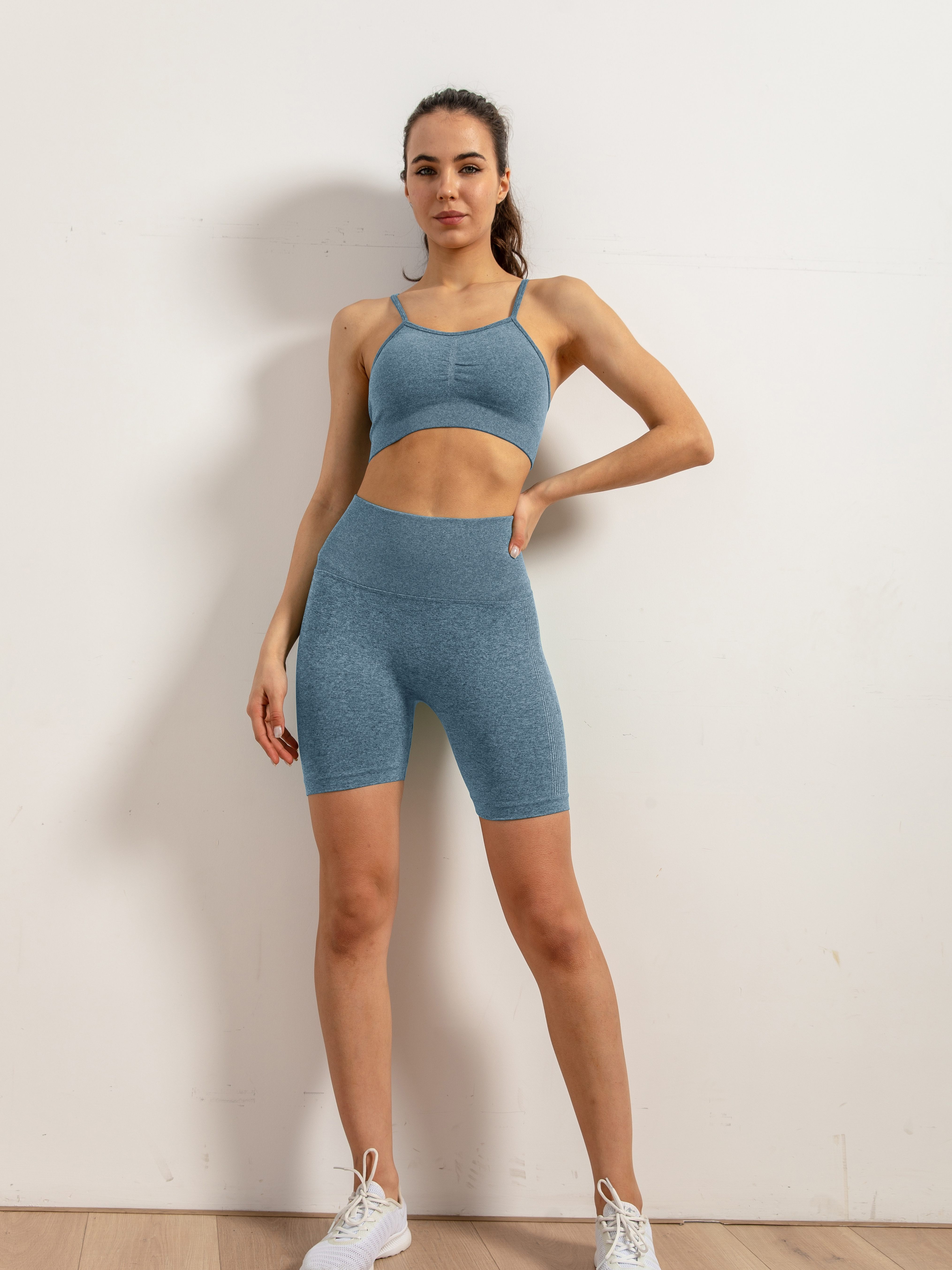 Look Feel Best In Solid Seamless Workout Sets Short Sleeve - Temu