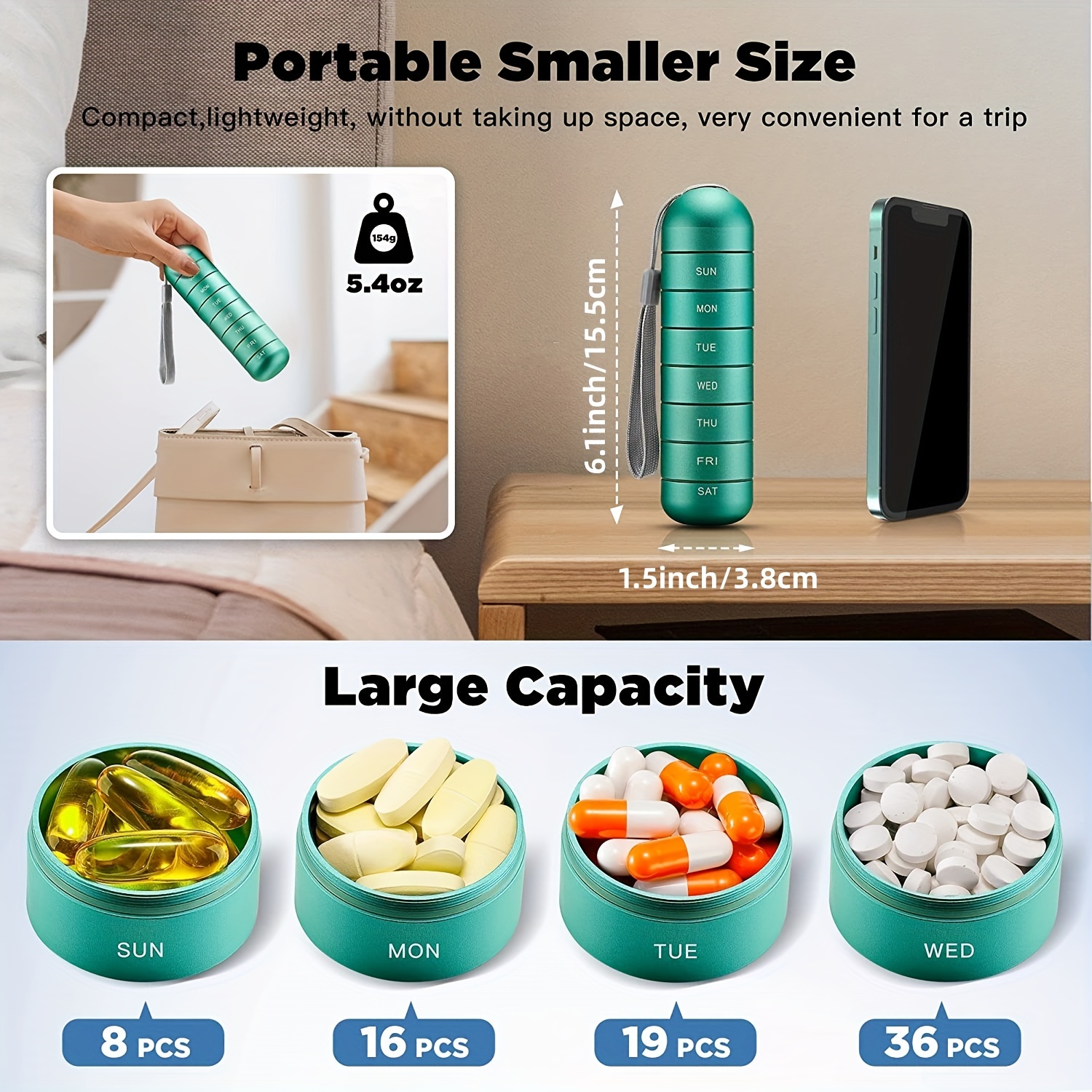 New Metal Pill Organizer Weekly,Stackable Waterproof Travel Pill