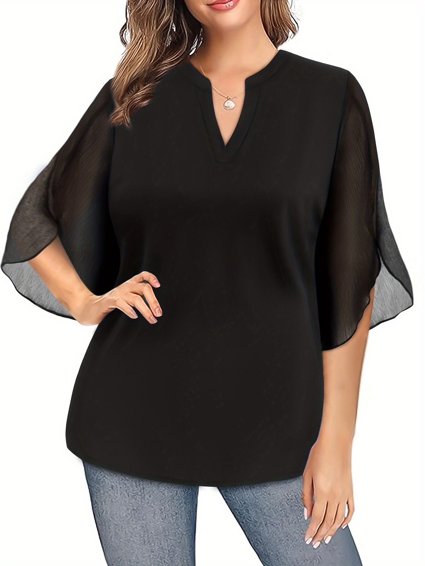 Plus Size Sexy T-shirt, Women's Plus Solid Mesh Long Sleeve High Neck  Skinny High Stretch Top