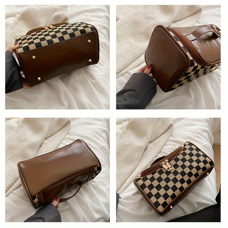 Checkered Pattern Make Up Bag Zipper Top Handle, Cosmetic Bag, Organizer Bag  For Travel