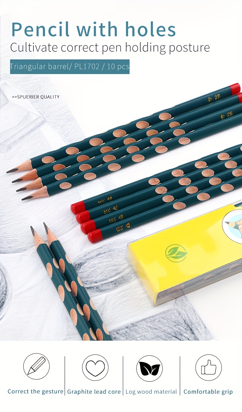 10pcs Hole Pencil Set For Sketching And Drawing, Including Triangular Hb  Pencils To Help Correct Students' Grip, Suitable For Elementary Students