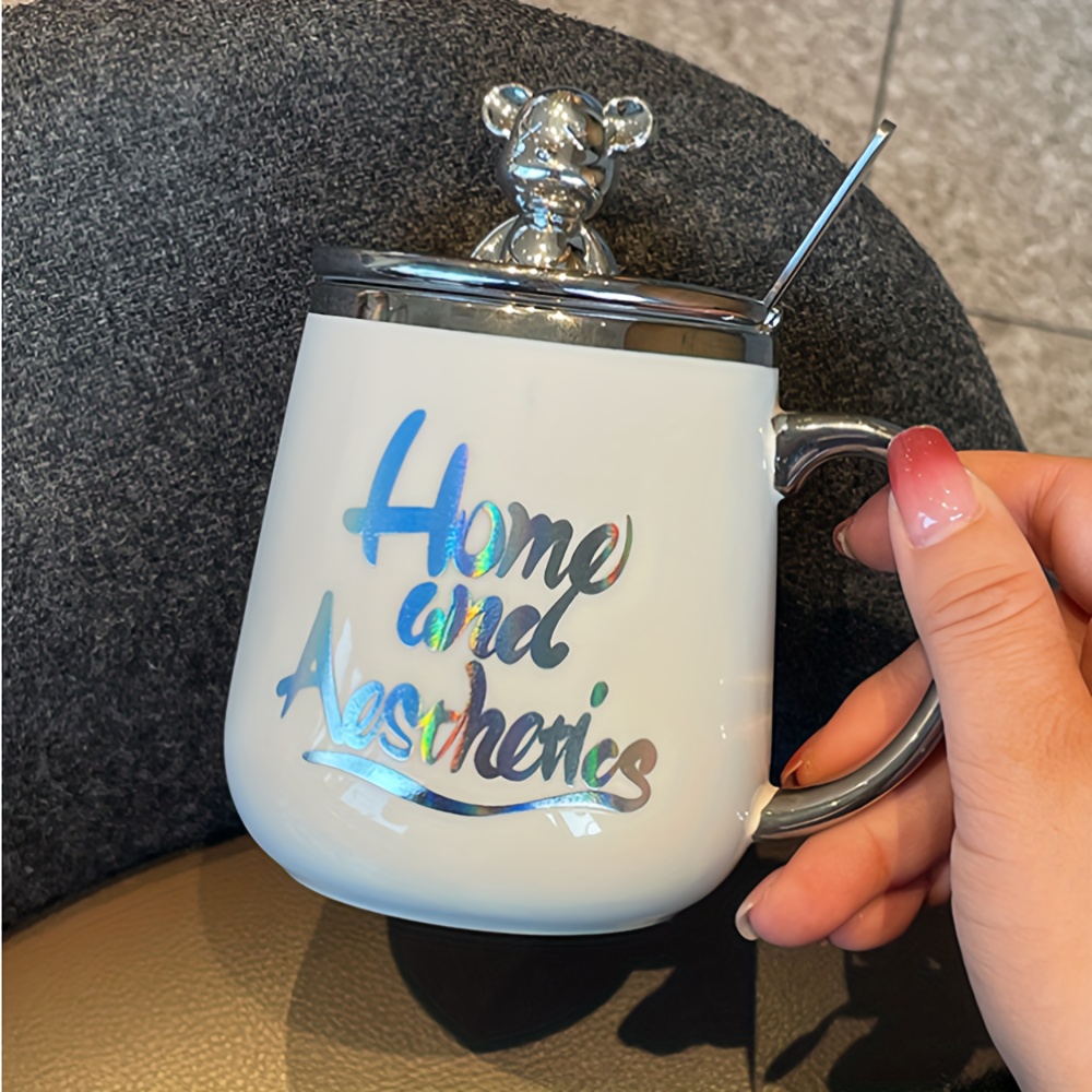 1pc, Home And Aesthetics Coffee Mug With Bear Lid And Spoon, 400ml/14oz  Glossy Ceramic Coffee Cups, Cute Kawaii Couple Water Cups, Summer Winter  Drink