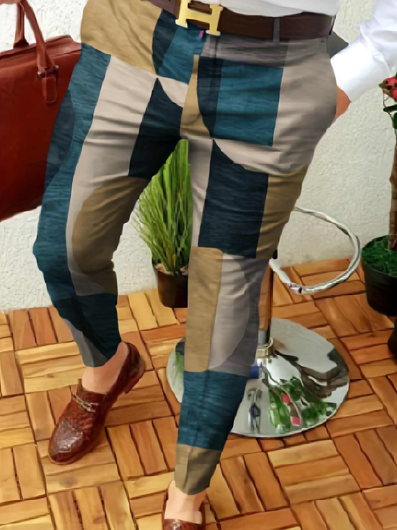 Geometric Print Slacks, Men's Casual Vintage Style Stretch Dress Pants For  Banquet Business Party