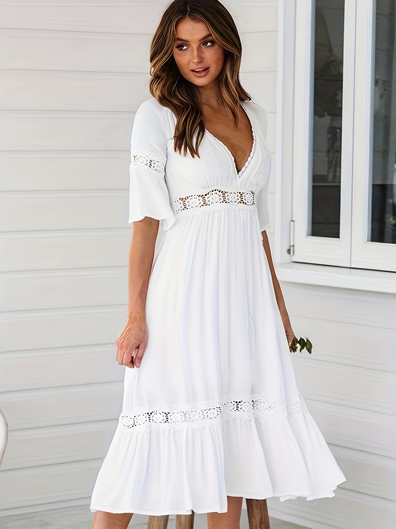  Vestido blanco con cuello en V para mujer, corte de