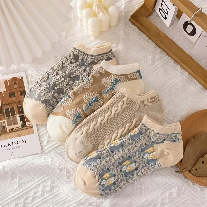 4 pares de calcetines cortos con estampado floral, cómodos y transpirables,  estilo corte bajo, calcetines tobilleros, medias y calcetería para mujer