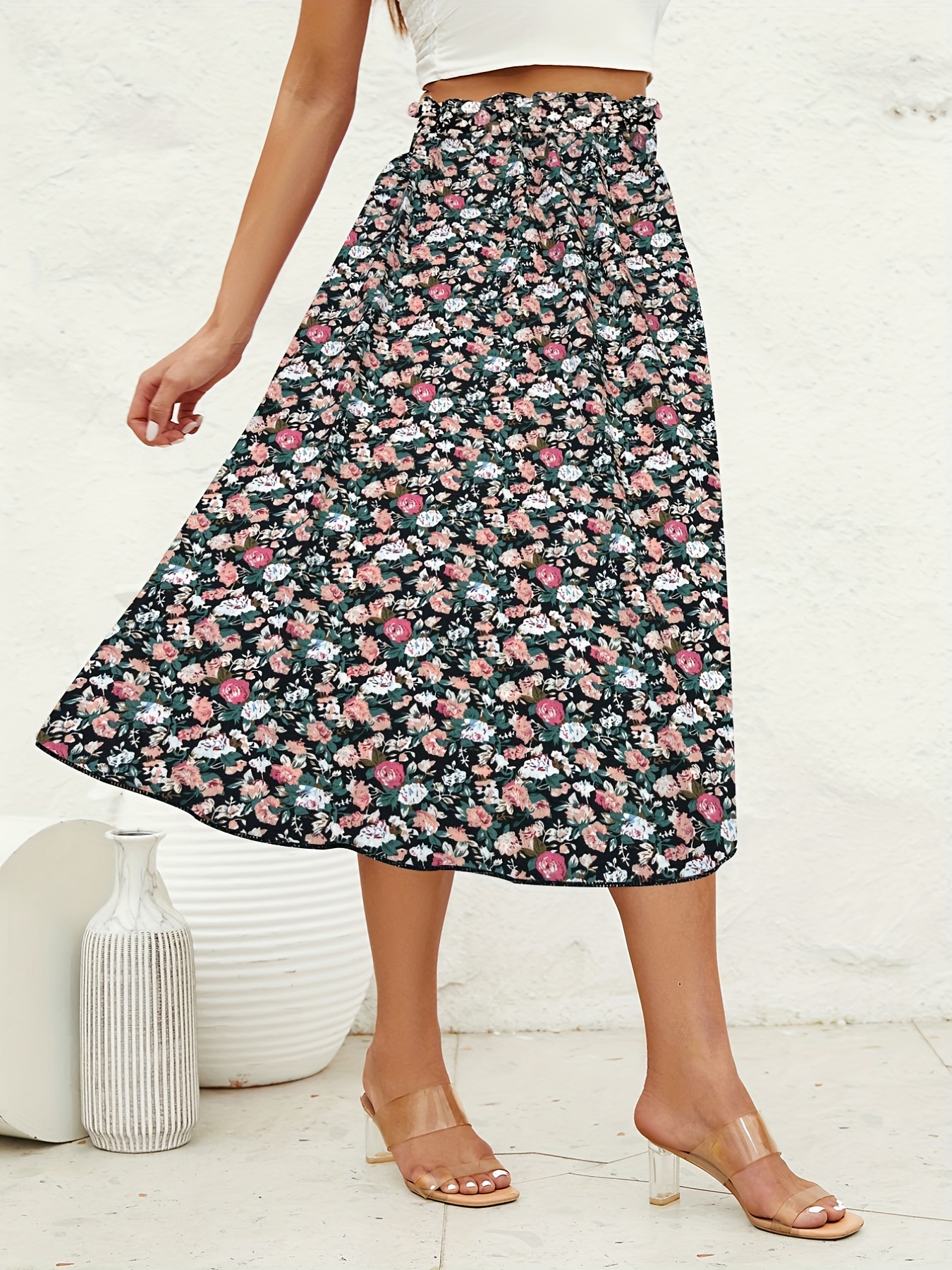 Boho Ditsy Floral Print Skirts, Vacation A Line Ruched Midi Skirts ...