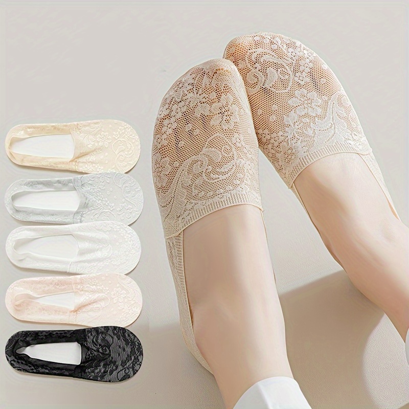 

5 Pairs Thin Lace Socks, Comfy & Breathable Anti-slip Invisible Socks, Women's Stockings & Hosiery