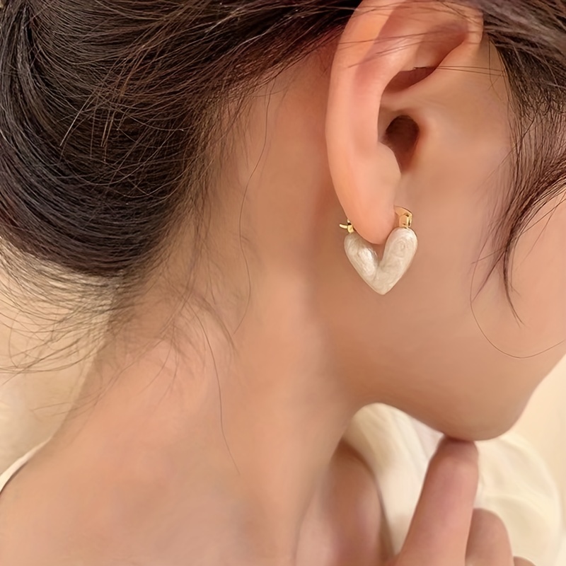 heart shape white synthetic gems decor hoop earrings elegant style alloy 14k plated jewelry gift for lovers
