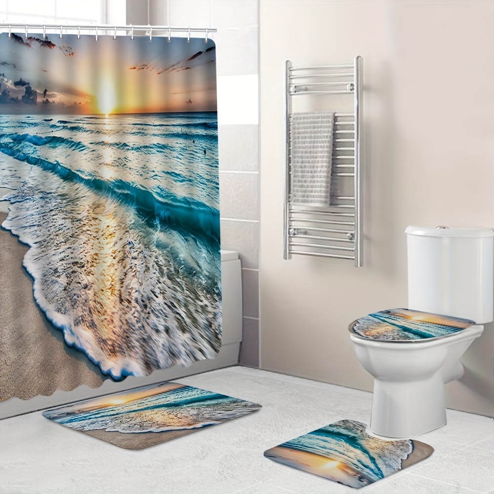Bathroom Rugs Shower Curtain Dawn Sea Wave Pattern Shower - Temu
