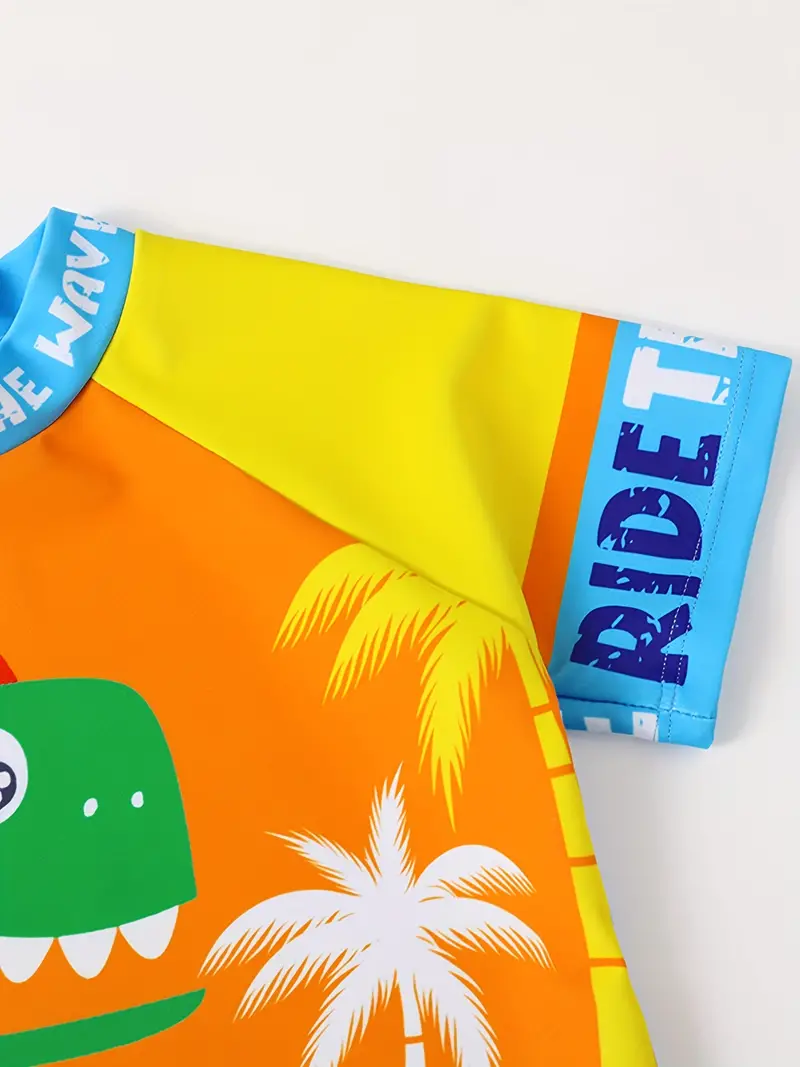 boys cartoon dinosaur ride the wave color block swimming suit swimming trunks tops cap casual kids clothes details 2