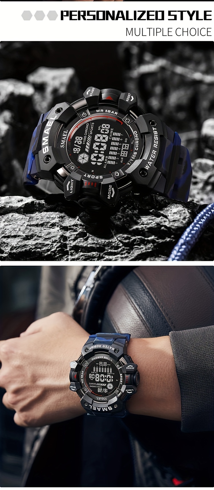   sports digital wristwatch for outdoor mountaineering led night light multifunctional alarm calendar watch with large dial camo strap details 12