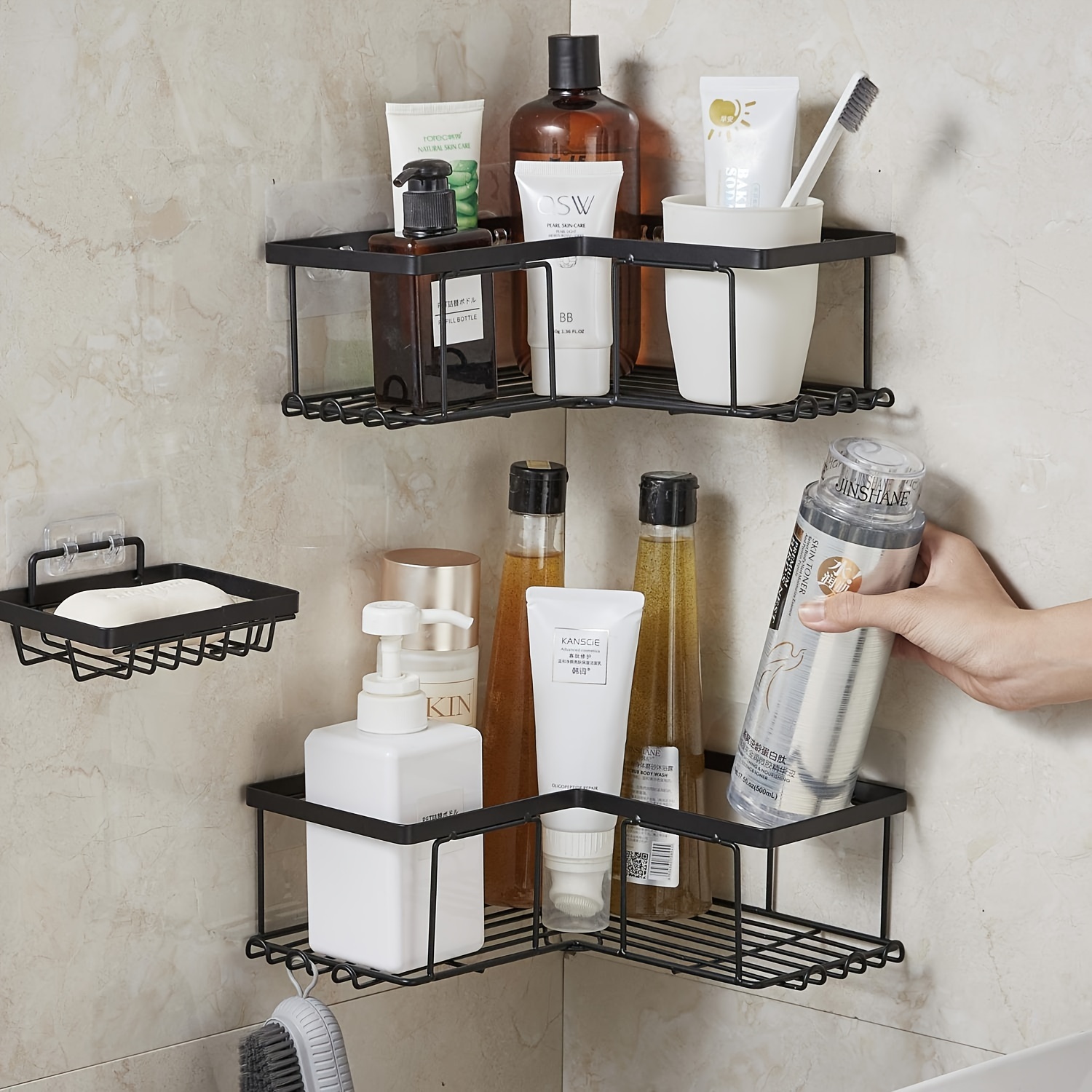 Adhesive Bathroom Shelf, Stick on Bathroom Kitchen Storage Organizer,  Suction Shower Shelf Wall Caddy with Phone Holder No Drilling 