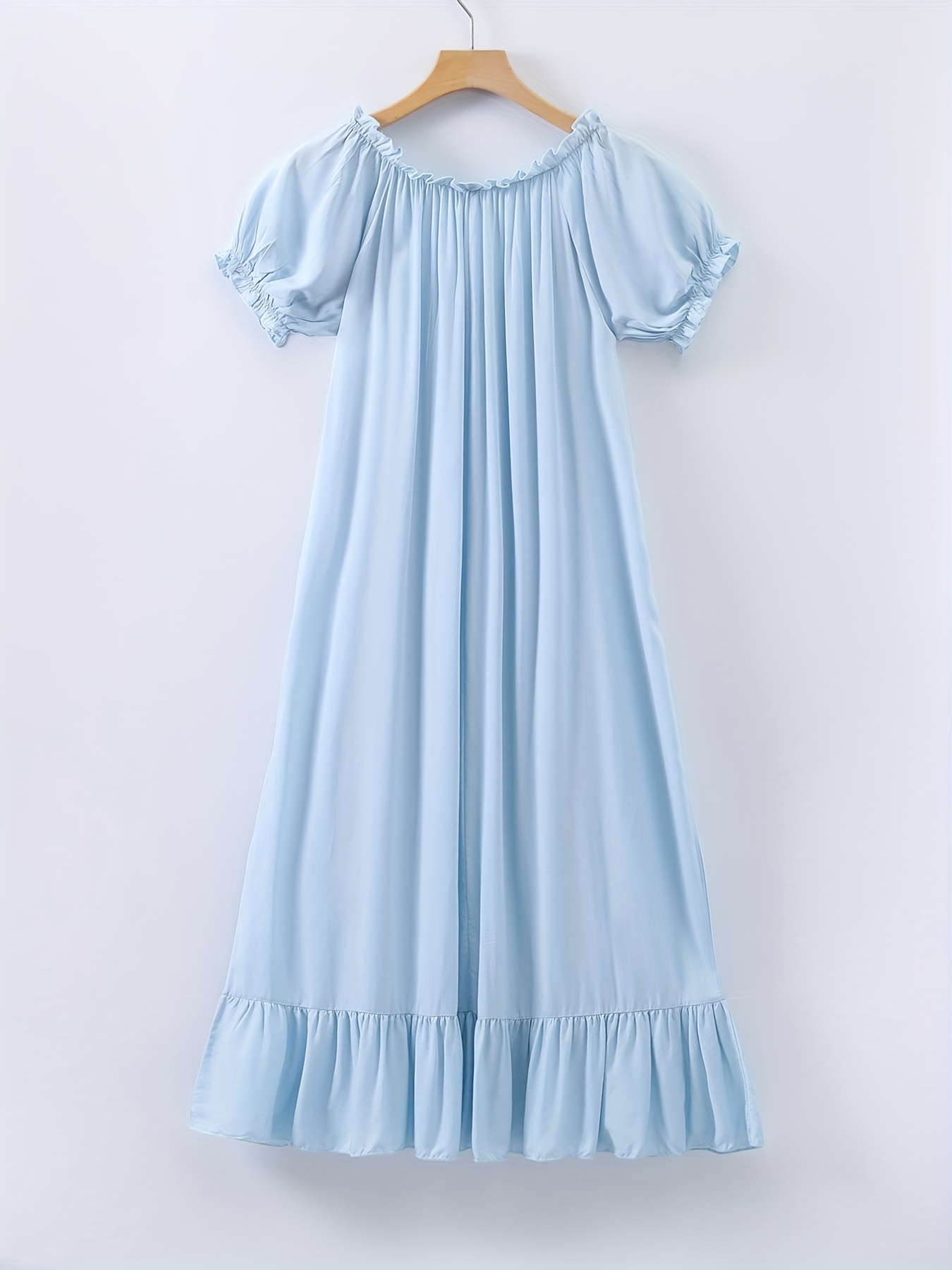 Solid Ruffle Hem NightDress, Sweet & Cute Long Sleeve V Neck Princess  Dress, Women's Sleepwear & Dresses