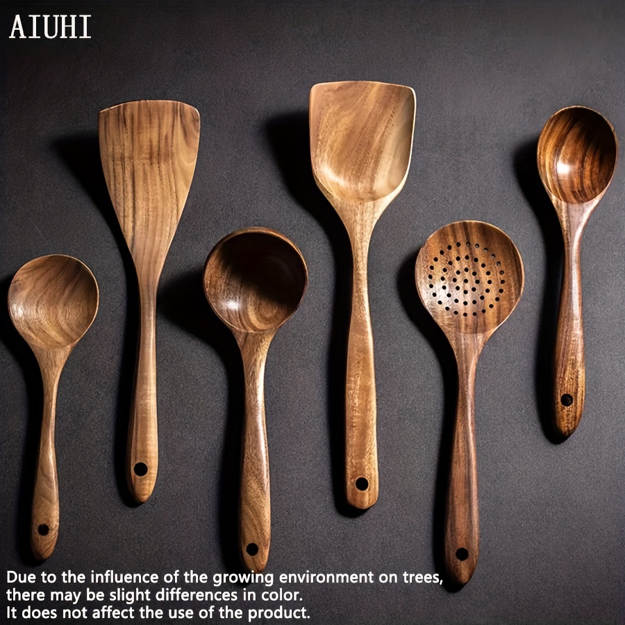 Juego de utensilios de cocina de madera, cucharas de madera de 6 piezas de  GUDAMAYE para cocinar, utensilios de cocina de madera, cucharas de madera  de teca Natural para sartén antiadherente 