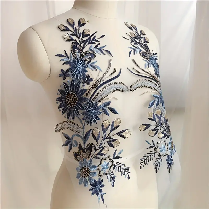 Blue Sequin Flower Lace Fabric Embroidered Gown Appliques - Temu