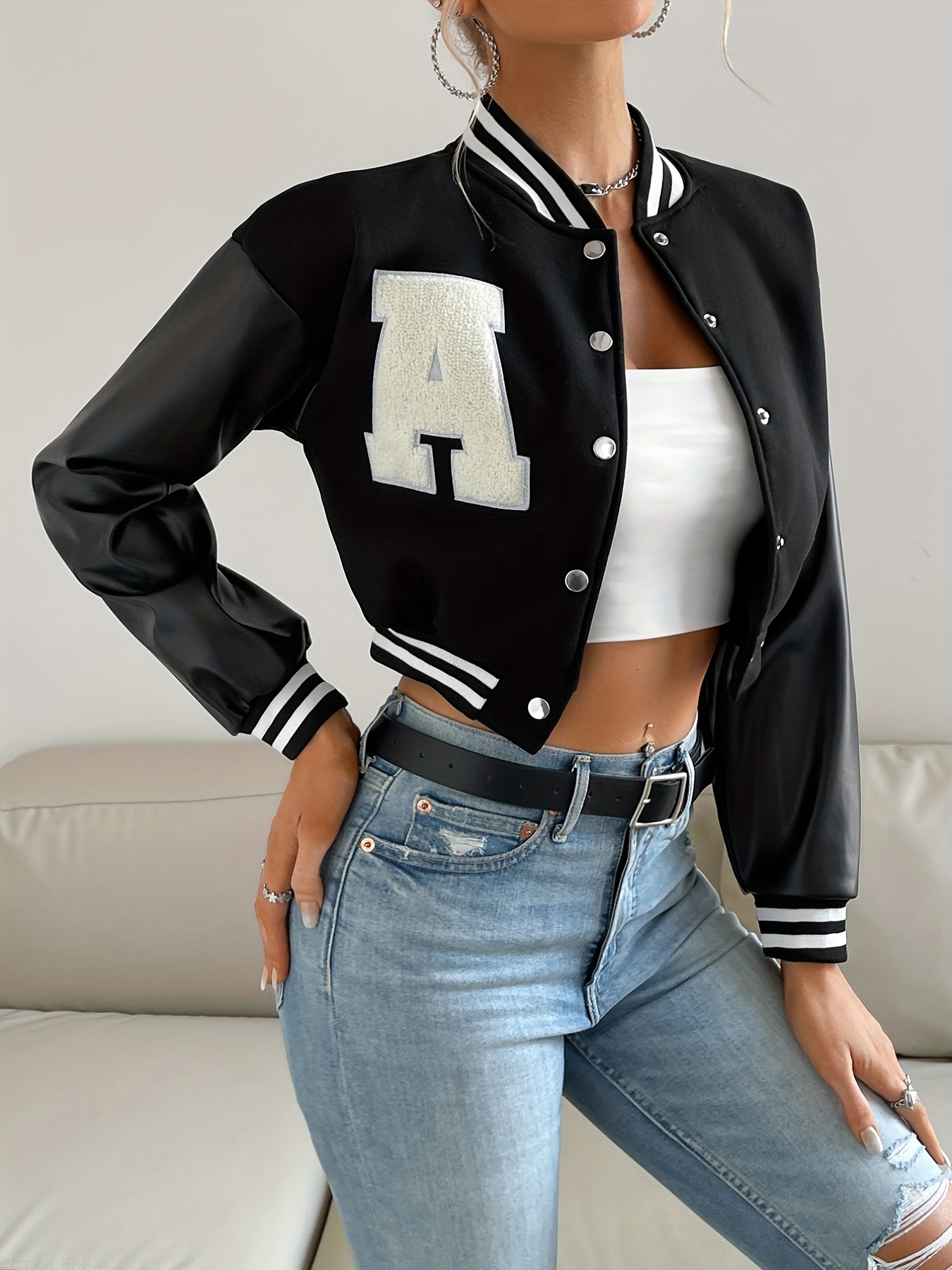 brown varsity jacket outfit for women｜TikTok Search