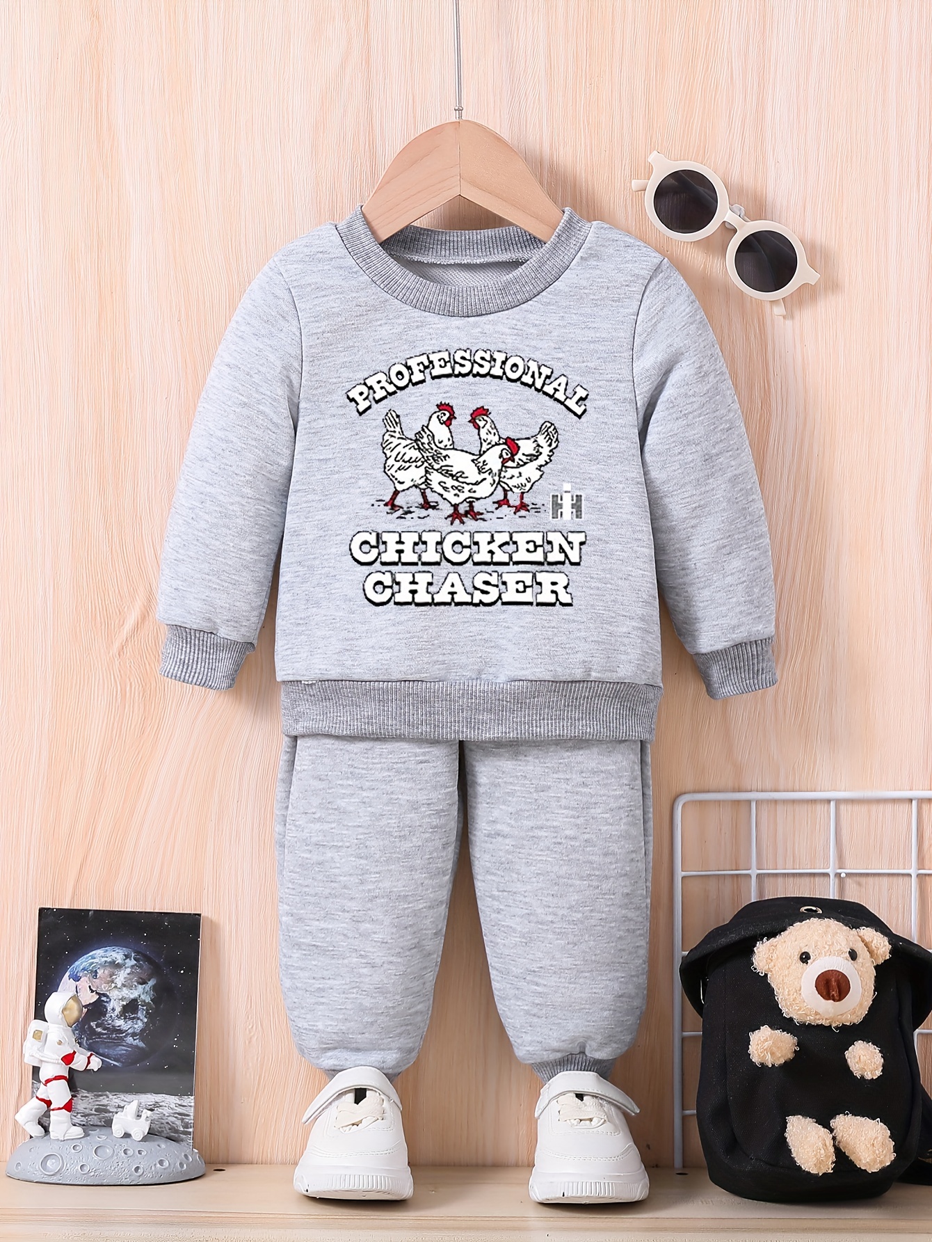 Boy's Chicken Chaser Print Outfit, Jacquard Hoodie & Jogger Pants