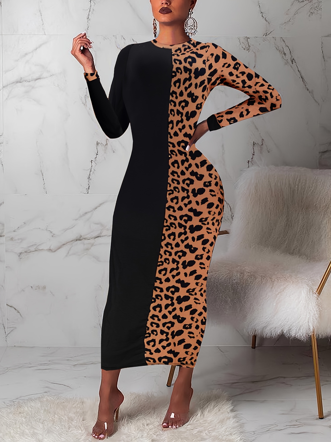 Leopard Print Long Sleele Dress Elegant Crew Neck Slim Dress - Temu