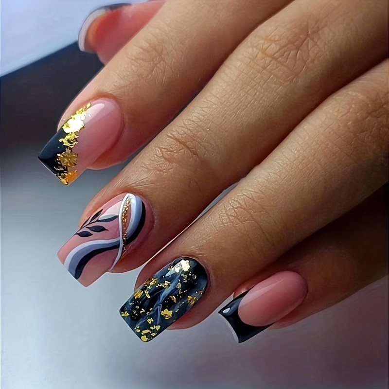 nail design black and gold - Temu