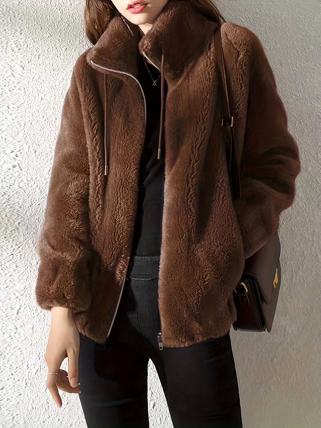 Drawstring Teddy Coat Casual Zip Long Sleeve Warm Outerwear - Temu Canada
