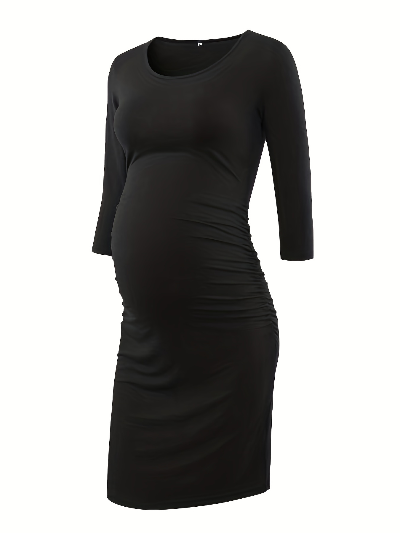 Pregnant Women's Maternity Elegant Knitted High Elastic Dress, Long Sleeve  Solid Crew Neck Slim Fit Dress