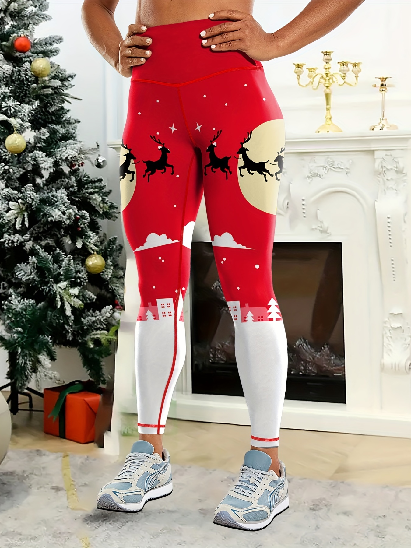 Christmas Color Block Print Running Yoga Leggings, High Waist Hip Lifting  Workout Sports Pants, Women's Activewear