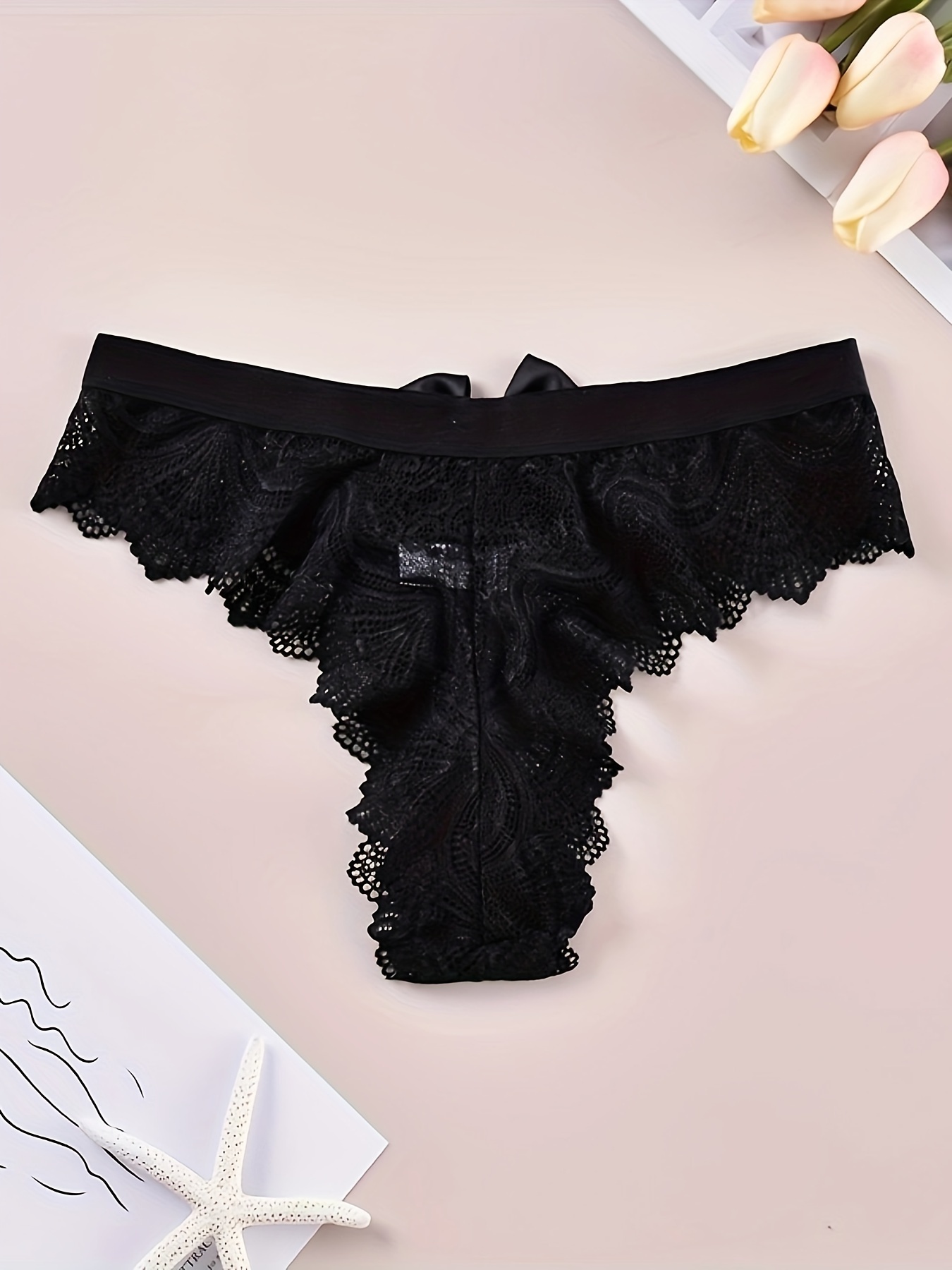 Bow Accent Lace Thong Panties Sheer Medium Stretch Low Waist - Temu Canada