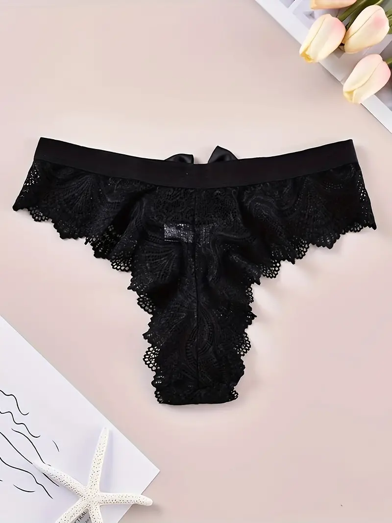 Bow Accent Lace Thong Panties Sheer Medium Stretch Low Waist