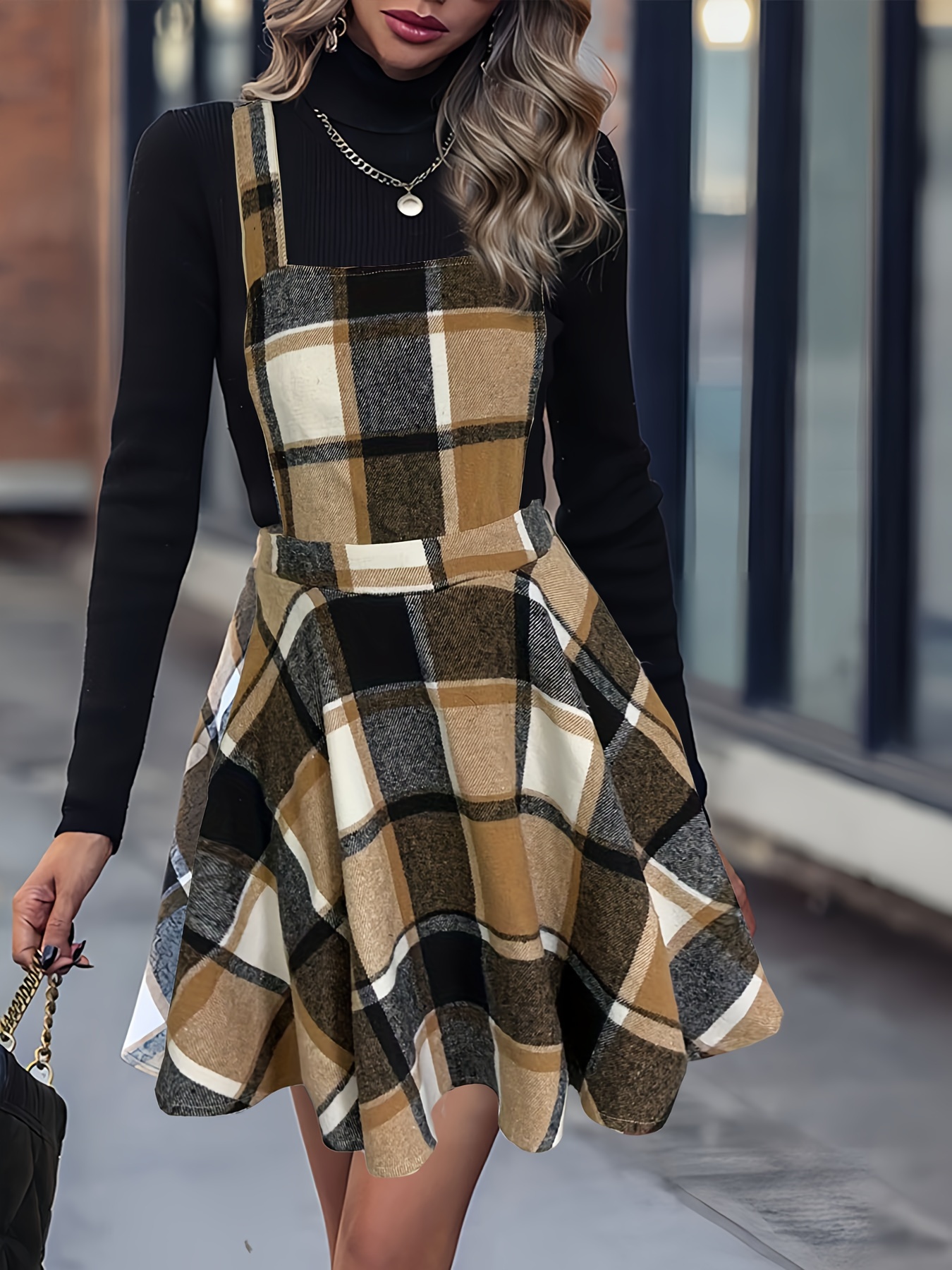 Plaid Print Suspender Dress Casual Sleeveless Flare Dress - Temu